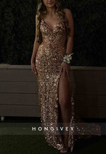 Sparkly Tie Back Spaghetti Straps V-Neck High Slit Sequined Prom Dresses