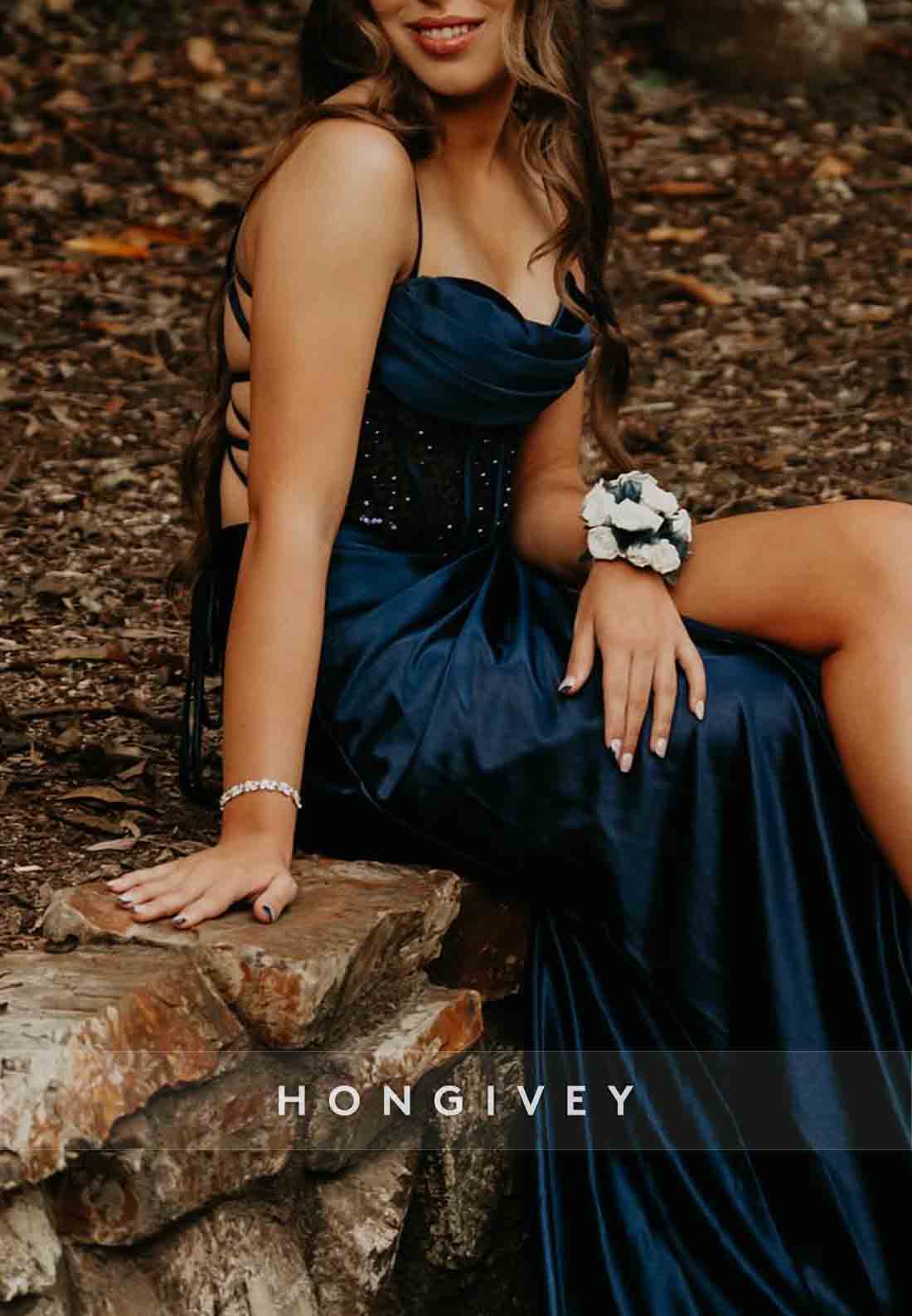 Chic Spaghetti Straps High Slit Navy Blue Satin Prom Dresses