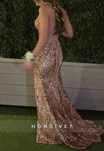 Sparkly Tie Back Spaghetti Straps V-Neck High Slit Sequined Prom Dresses