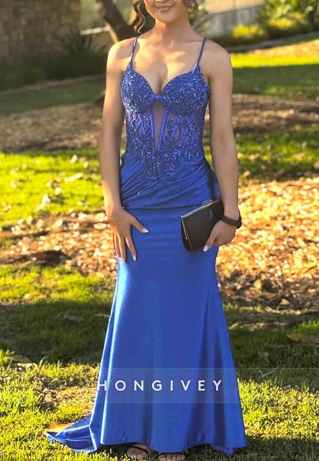 Spaghetti Straps Royal Blue Crisscross Back Trumpet Prom Dresses
