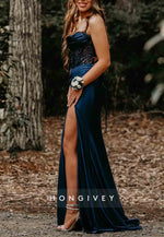 Chic Spaghetti Straps High Slit Navy Blue Satin Prom Dresses