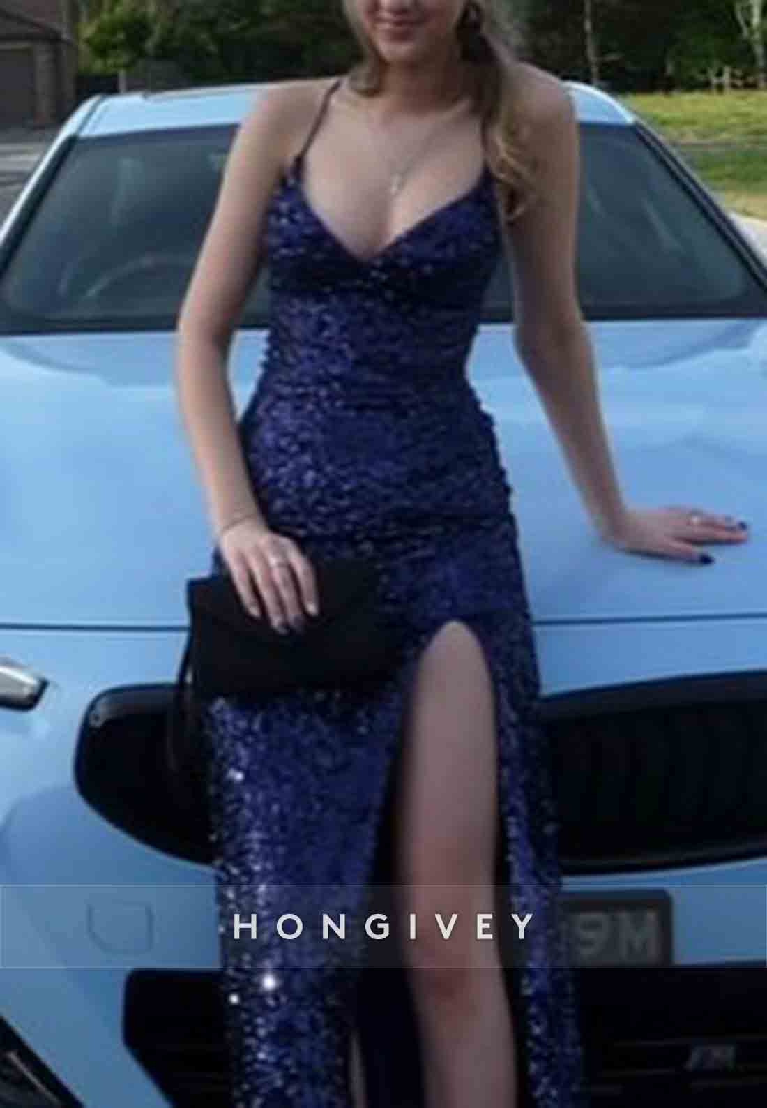 Sparkly Tie Back Spaghetti Straps V-Neck High Slit Sequined Prom Dresses