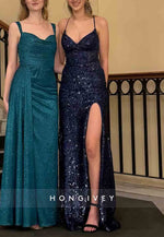 Sparkly Tie Back Spaghetti Straps V-Neck High Slit Sequined Prom Dresses
