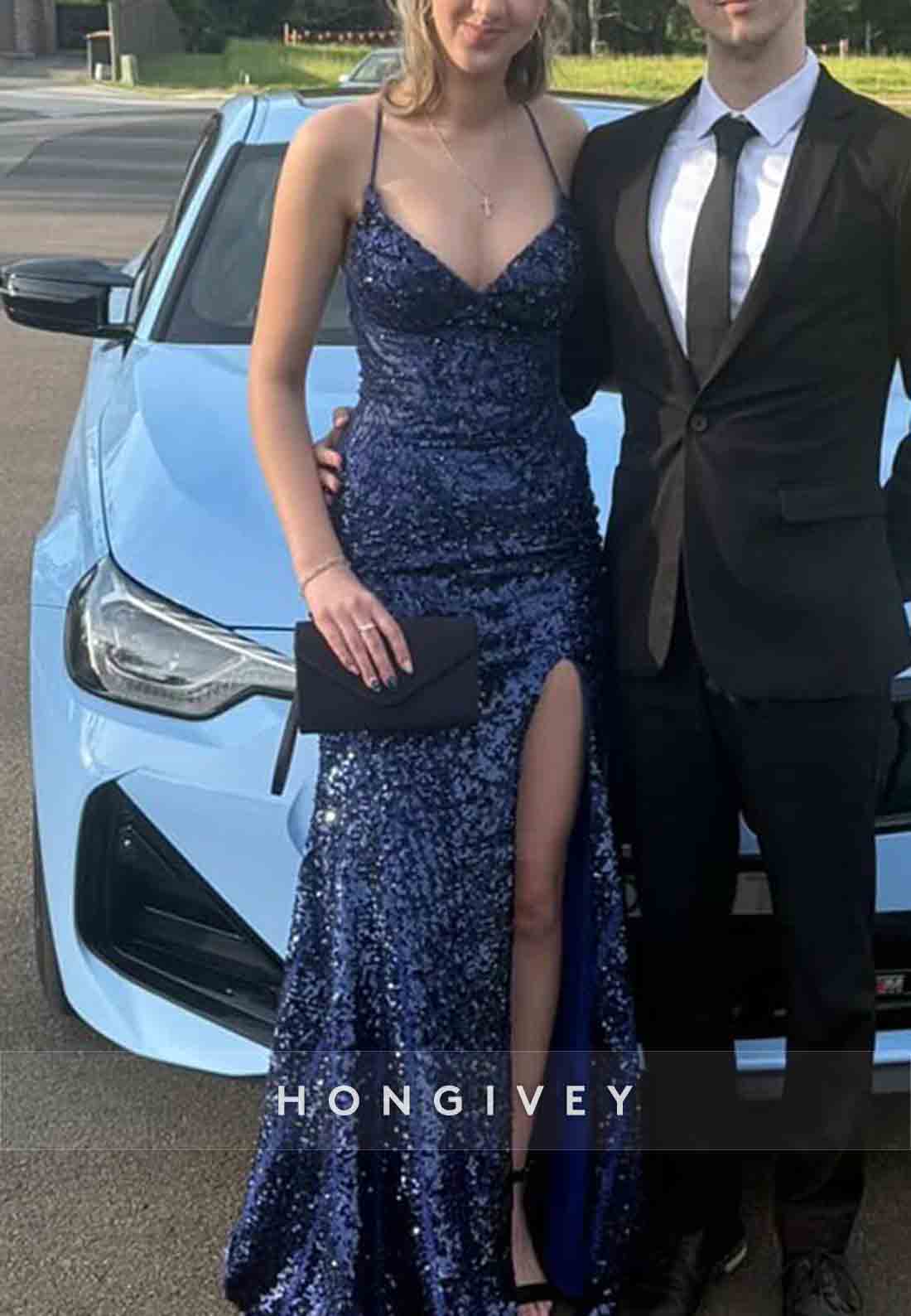 Sparkly Tie Back Spaghetti Straps V-Neck High Slit Sequined Prom Dresses