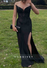 Black Strapless Trumpet V-Neck High Slit Prom Dresses with Appliques