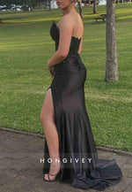 Black Strapless Trumpet V-Neck High Slit Prom Dresses with Appliques