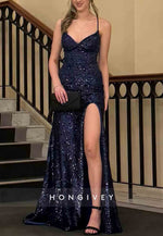 Sparkly Tie Back Spaghetti Straps V-Neck High Slit Sequined Prom Dresses