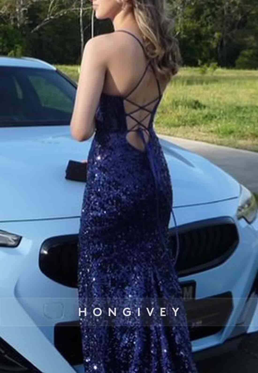 Sparkly Tie Back Spaghetti Straps V-Neck High Slit Sequined Prom Dresses