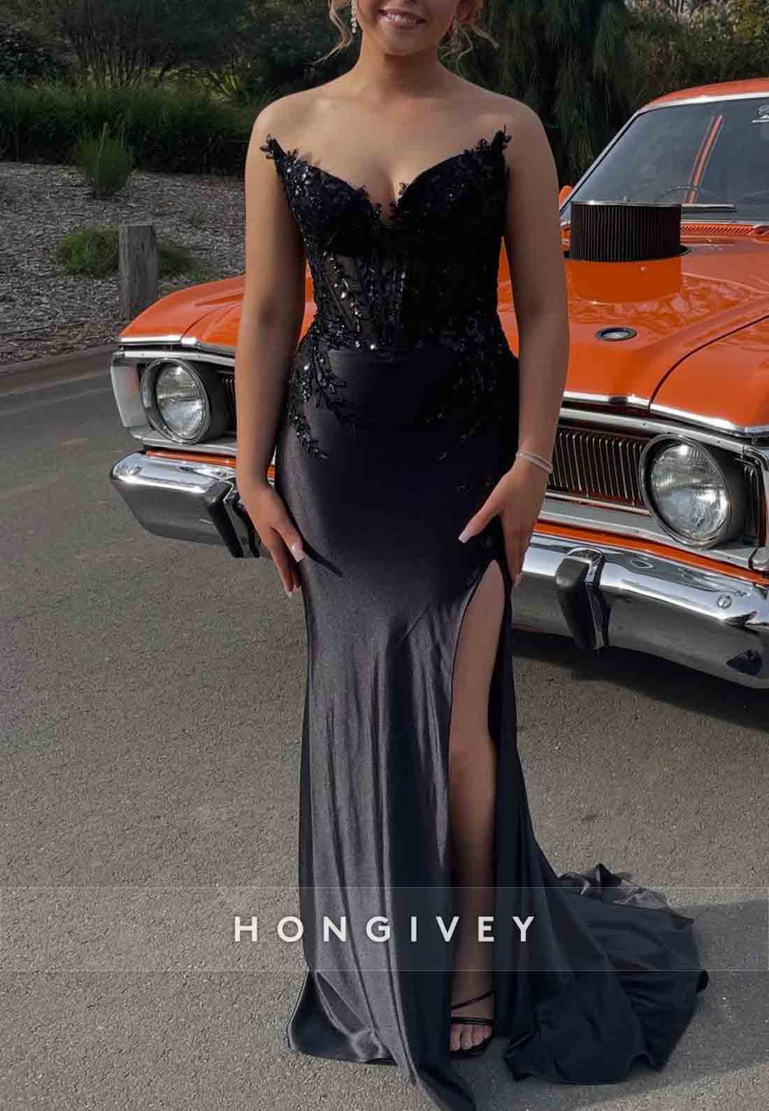 Black Strapless Trumpet V-Neck High Slit Prom Dresses with Appliques