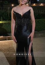 Black Strapless Trumpet V-Neck High Slit Prom Dresses with Appliques