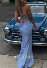 Sparkly Spaghetti Straps V-Neck Crisscross Back Sky Blue Prom Dresses