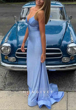Sparkly Spaghetti Straps V-Neck Crisscross Back Sky Blue Prom Dresses