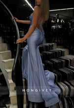 Sparkly Spaghetti Straps V-Neck Crisscross Back Sky Blue Prom Dresses