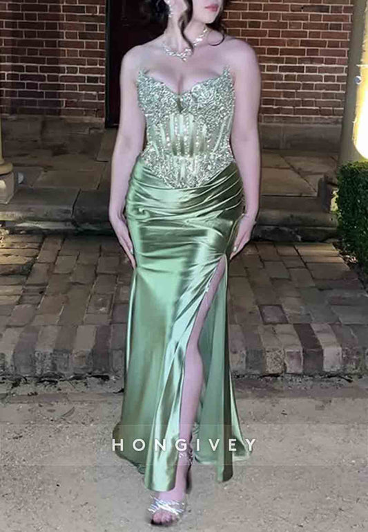 Green Trumpet Strapless Prom Dresses Ankle-Length Satin Prom Dresses