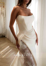 Simple Strapless Satin Court Train Mermaid Wedding Dresses with Lace Slit