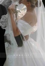 Sheer Satin Off the Shoulder Chapel Train Princess Wedding Dresses