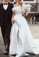 Simple Chapel Train Off the Shoulder Satin A-Line Wedding Dresses with Slit