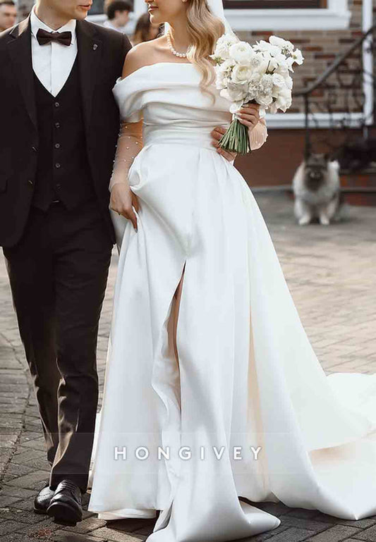 Simple Chapel Train Off the Shoulder Satin A-Line Wedding Dresses with Slit
