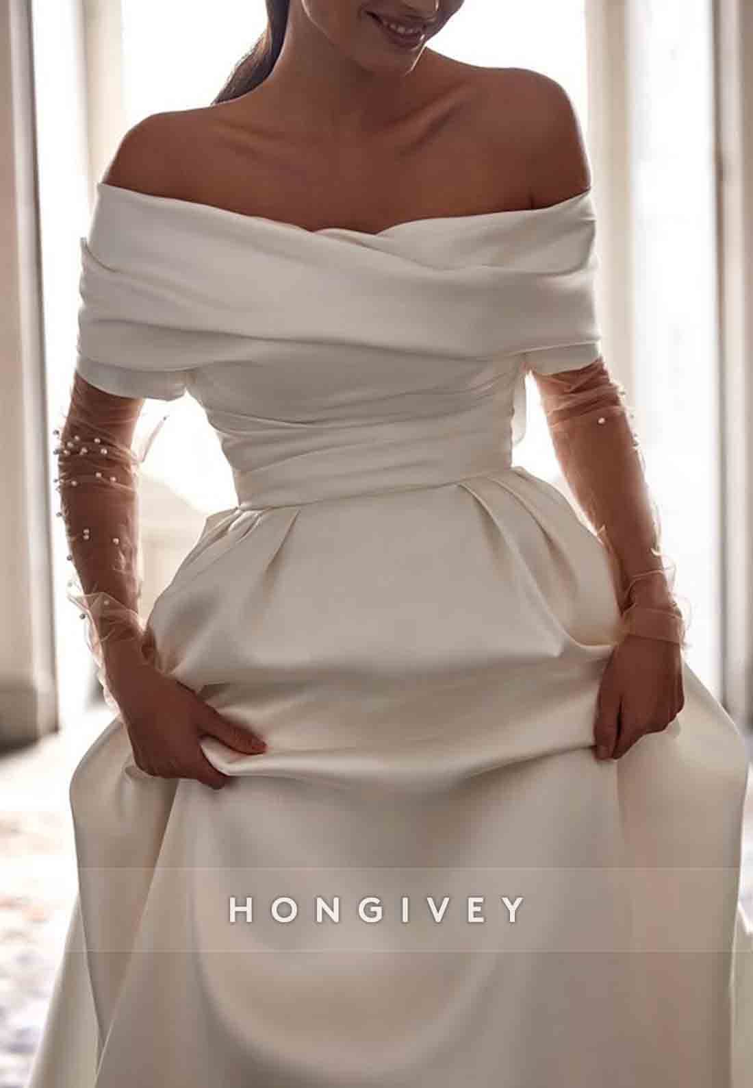 Simple Chapel Train Off the Shoulder Satin A-Line Wedding Dresses with Slit