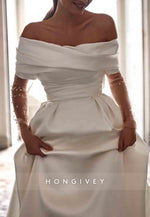 Simple Chapel Train Off the Shoulder Satin A-Line Wedding Dresses with Slit