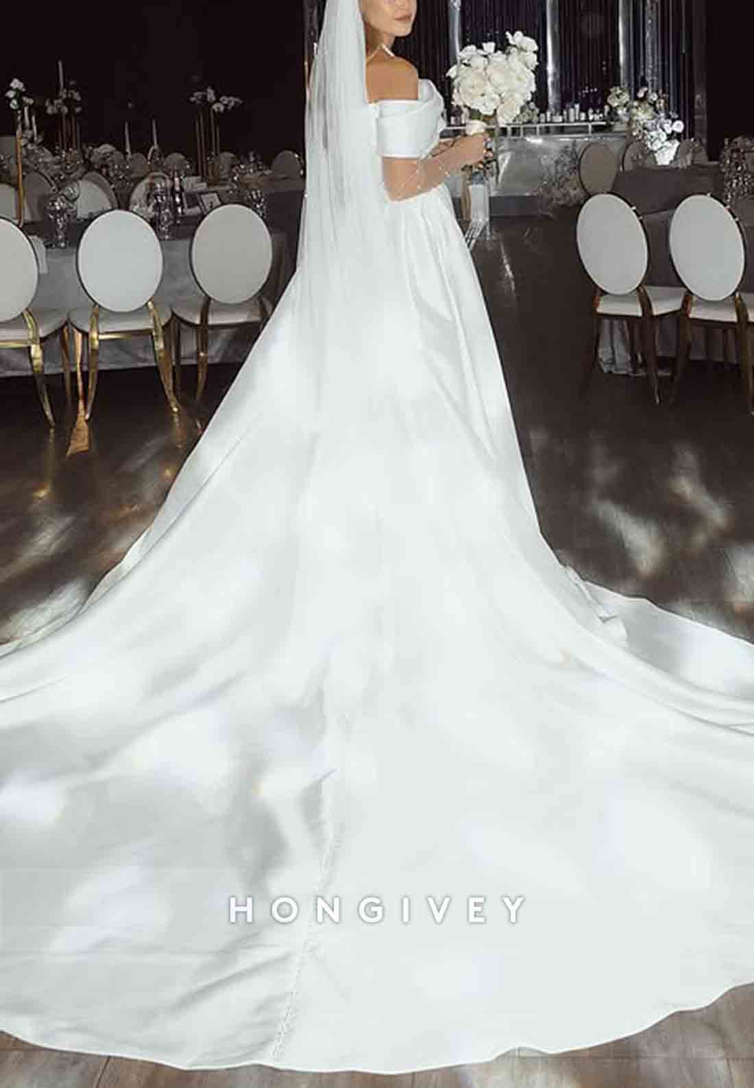Simple Chapel Train Off the Shoulder Satin A-Line Wedding Dresses with Slit