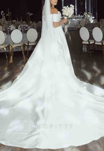 Simple Chapel Train Off the Shoulder Satin A-Line Wedding Dresses with Slit