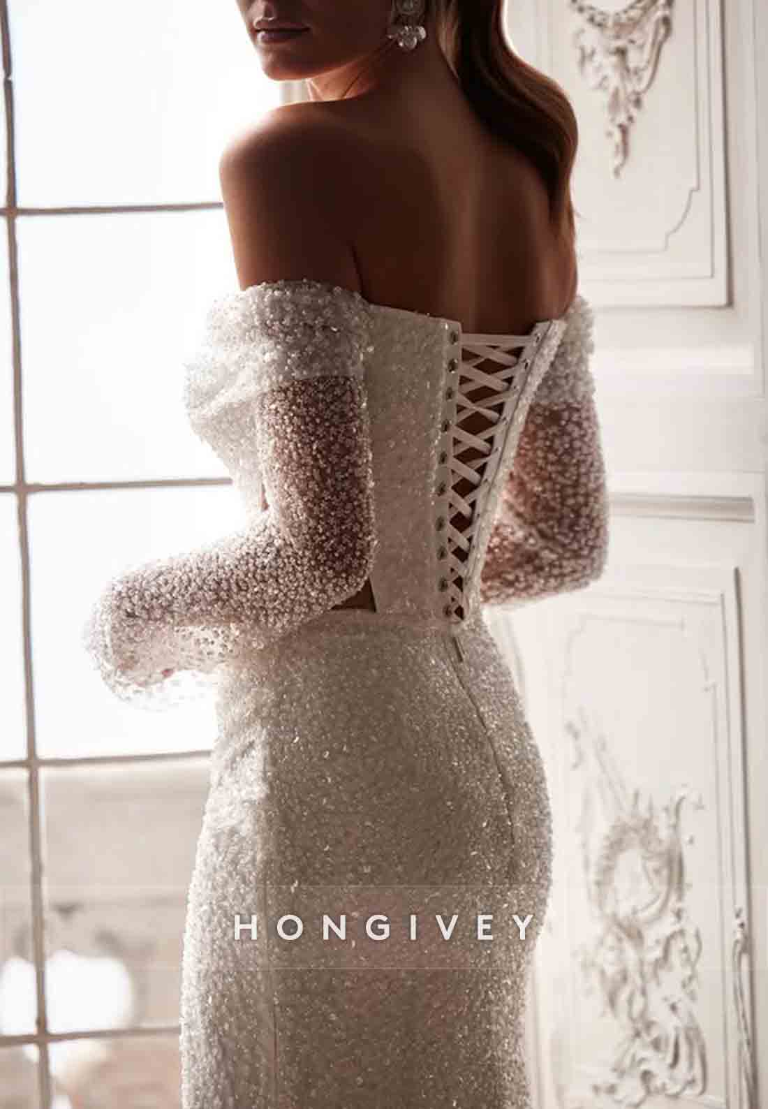 Sequined Long Sleeves Off the Shoulder High Slit Sweep Train Wedding Dresses