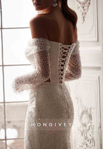 Sequined Long Sleeves Off the Shoulder High Slit Sweep Train Wedding Dresses