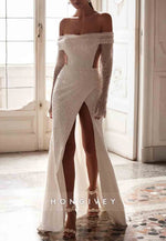 Sequined Long Sleeves Off the Shoulder High Slit Sweep Train Wedding Dresses