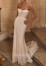 Strapless Glitter Detachable Chapel Train Mermaid Wedding Dresses