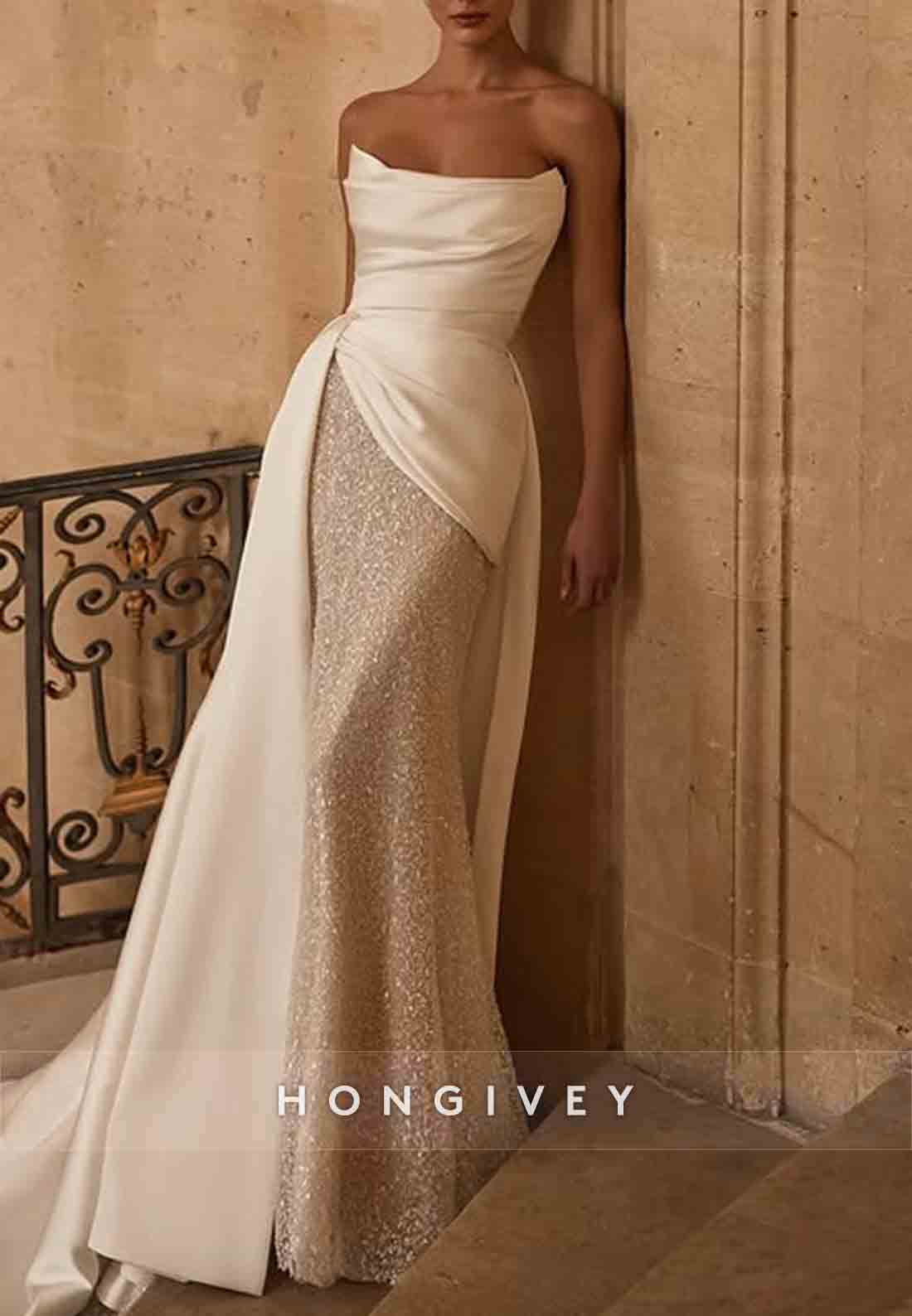 Strapless Glitter Detachable Chapel Train Mermaid Wedding Dresses