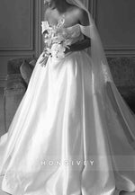 Sheer Satin Off the Shoulder Chapel Train Princess Wedding Dresses
