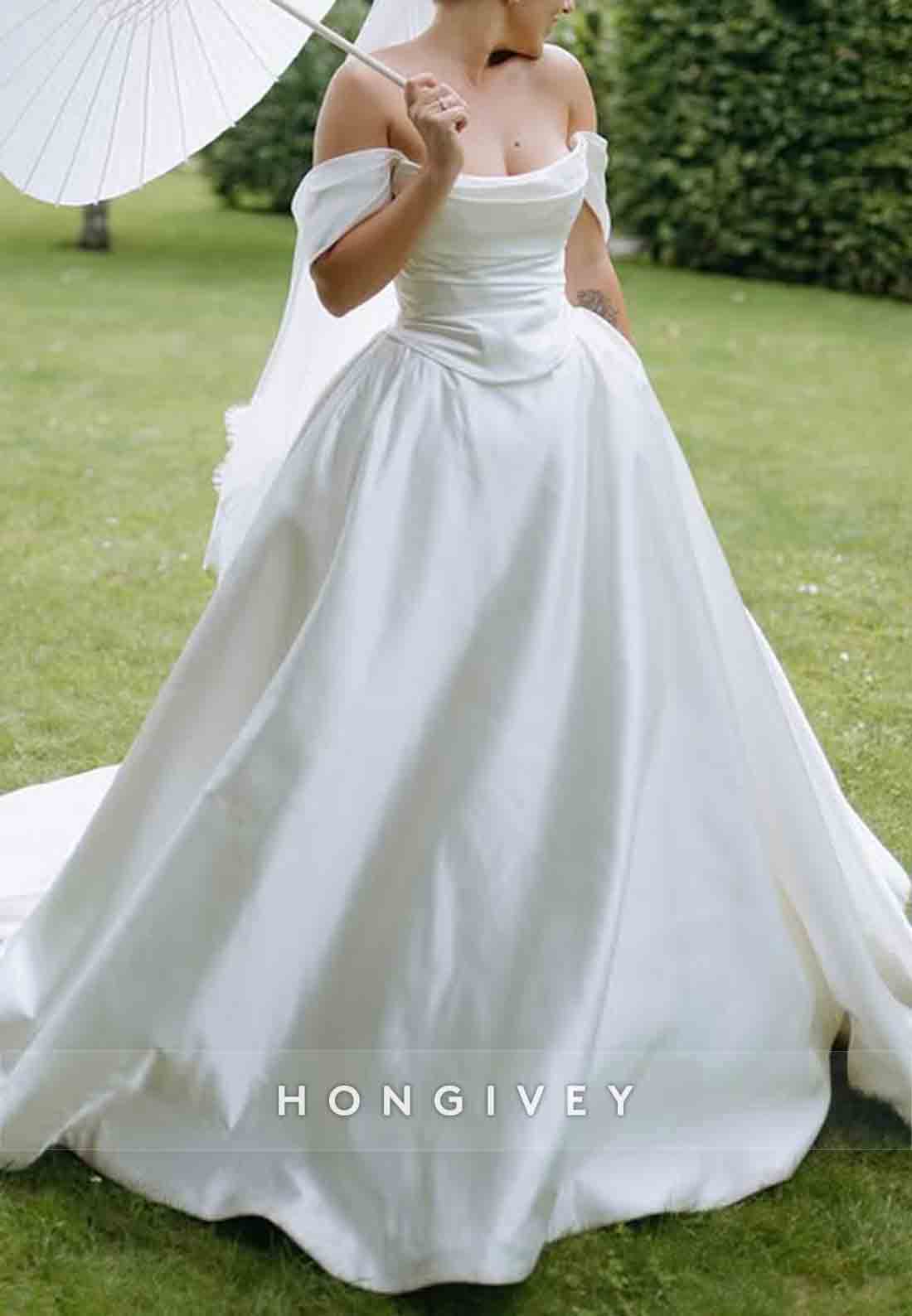 Sheer Satin Off the Shoulder Chapel Train Princess Wedding Dresses