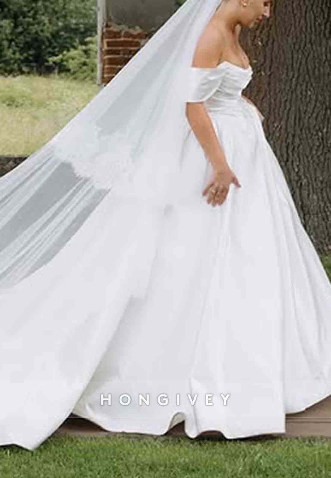 Sheer Satin Off the Shoulder Chapel Train Princess Wedding Dresses