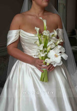 Sheer Satin Off the Shoulder Chapel Train Princess Wedding Dresses