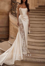 Simple Strapless Satin Court Train Mermaid Wedding Dresses with Lace Slit