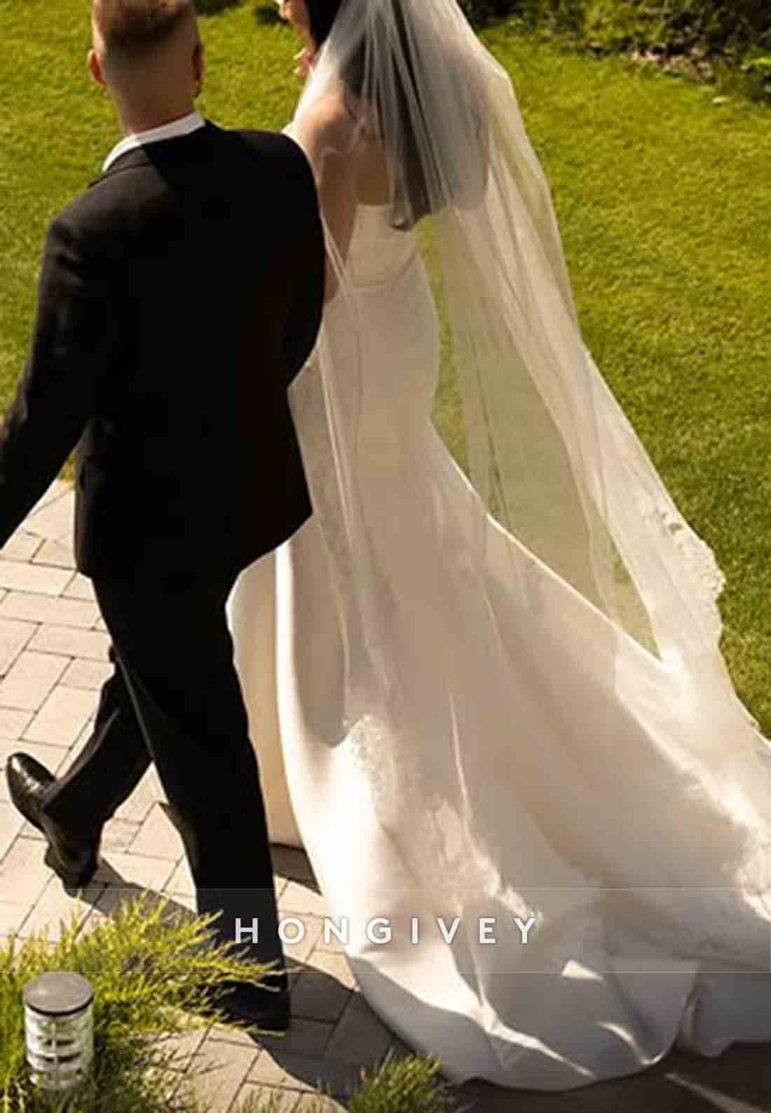 Simple Strapless Satin Court Train Mermaid Wedding Dresses with Lace Slit