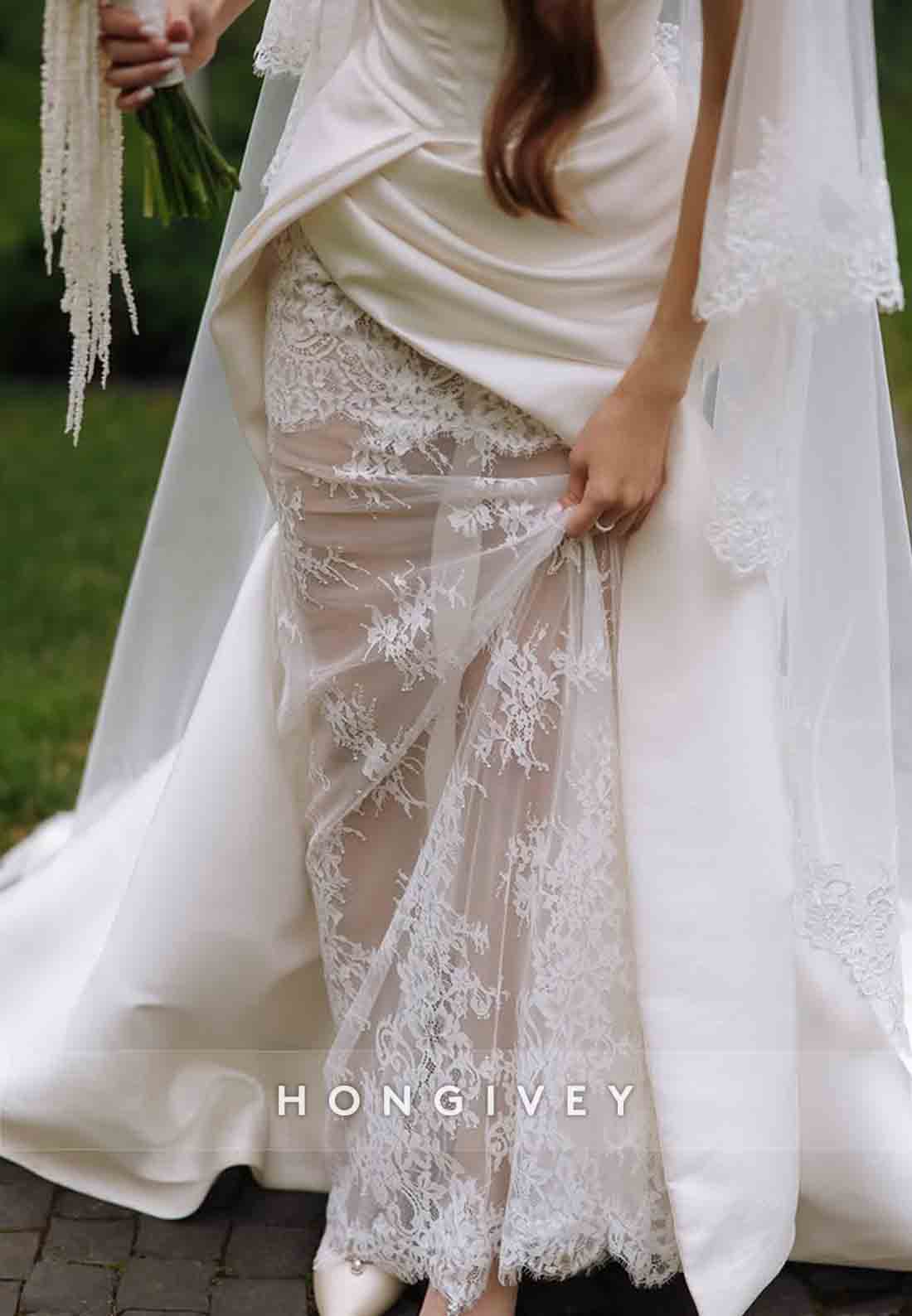 Simple Strapless Satin Court Train Mermaid Wedding Dresses with Lace Slit