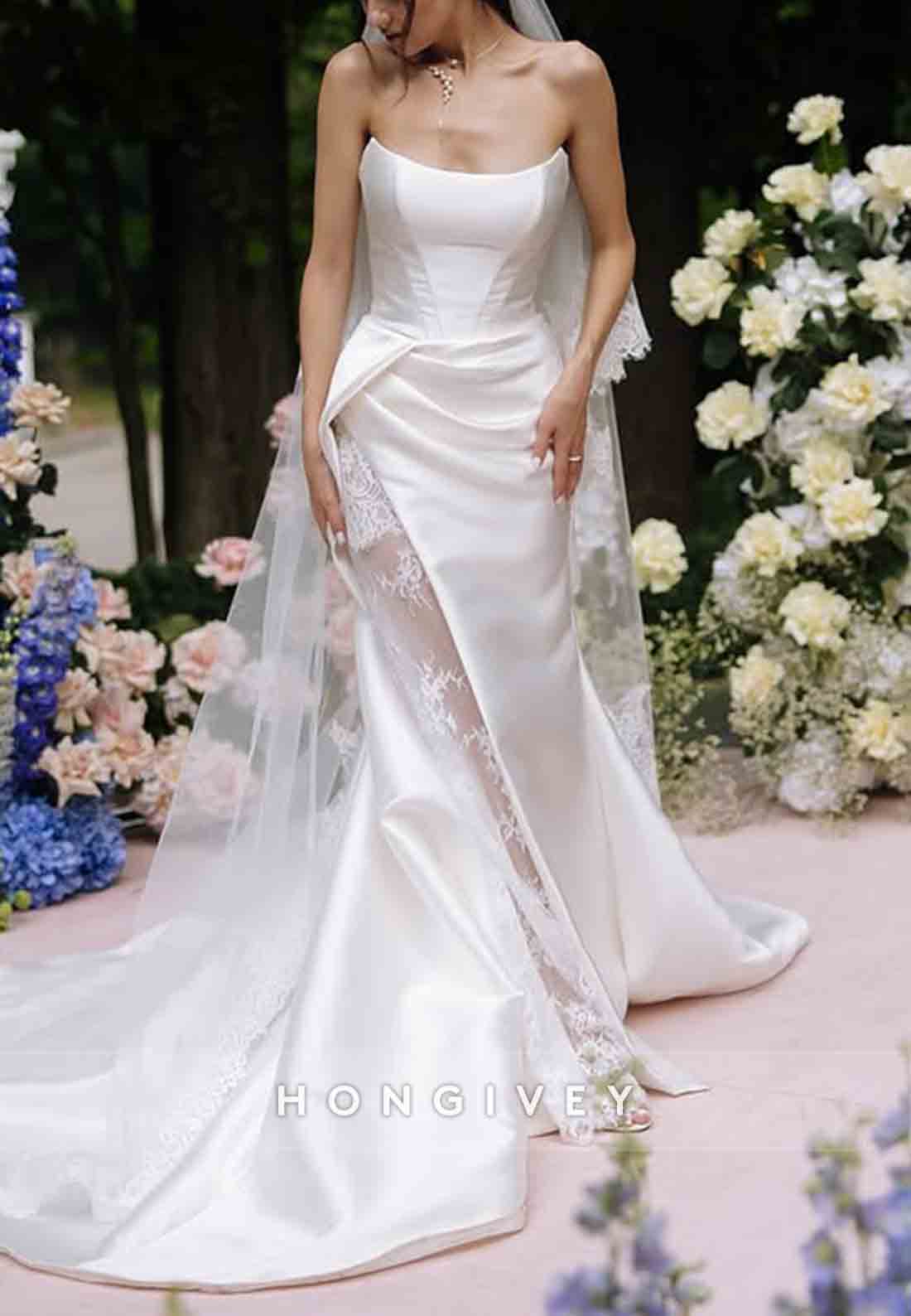 Simple Strapless Satin Court Train Mermaid Wedding Dresses with Lace Slit