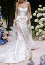 Simple Strapless Satin Court Train Mermaid Wedding Dresses with Lace Slit