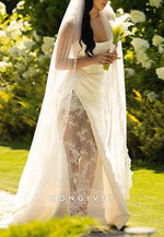 Simple Strapless Satin Court Train Mermaid Wedding Dresses with Lace Slit
