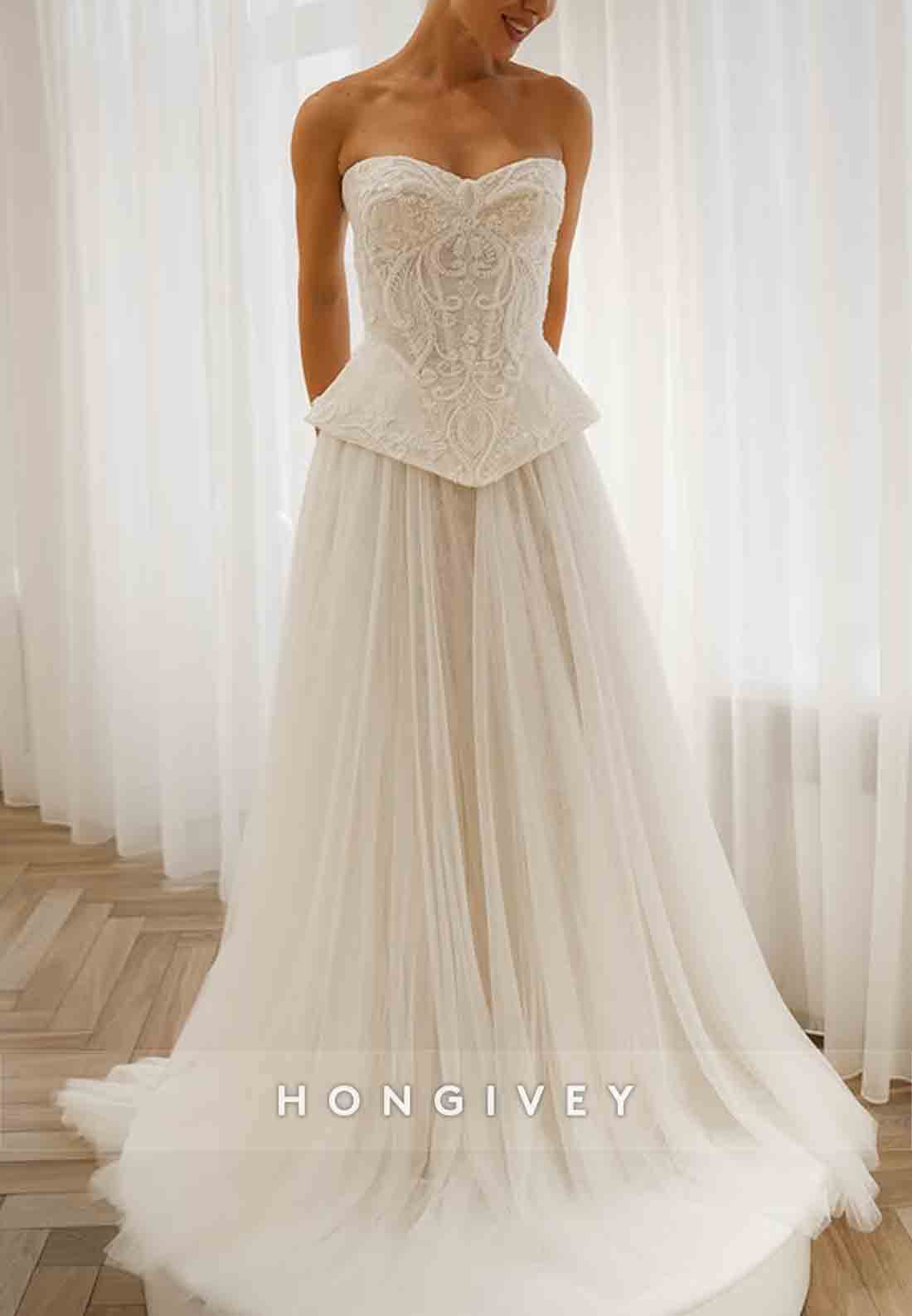 Tulle Sweetheart Strapless Sweep Train A-Line Wedding Dresses with Beaded Corset