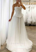 Tulle Sweetheart Strapless Sweep Train A-Line Wedding Dresses with Beaded Corset