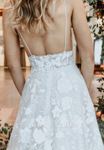Spaghetti Straps Court Train Open Back Low V-Neck A-Line Wedding Dresses