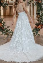 Spaghetti Straps Court Train Open Back Low V-Neck A-Line Wedding Dresses