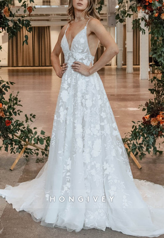 Spaghetti Straps Court Train Open Back Low V-Neck A-Line Wedding Dresses