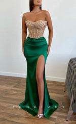 L2700 - Sexy Strapless Fitted Beaded Appliques With Side Slit Party Prom Evening Dress