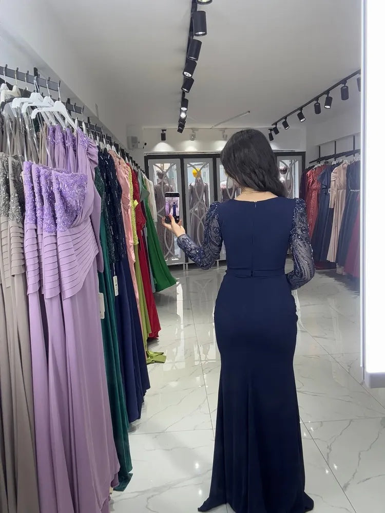 Square Neck Lace Sequins Long Sleeve Mermaid Side Slit Foraml Evening Dress