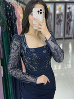 Square Neck Lace Sequins Long Sleeve Mermaid Side Slit Foraml Evening Dress