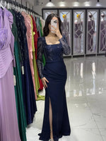Square Neck Lace Sequins Long Sleeve Mermaid Side Slit Foraml Evening Dress